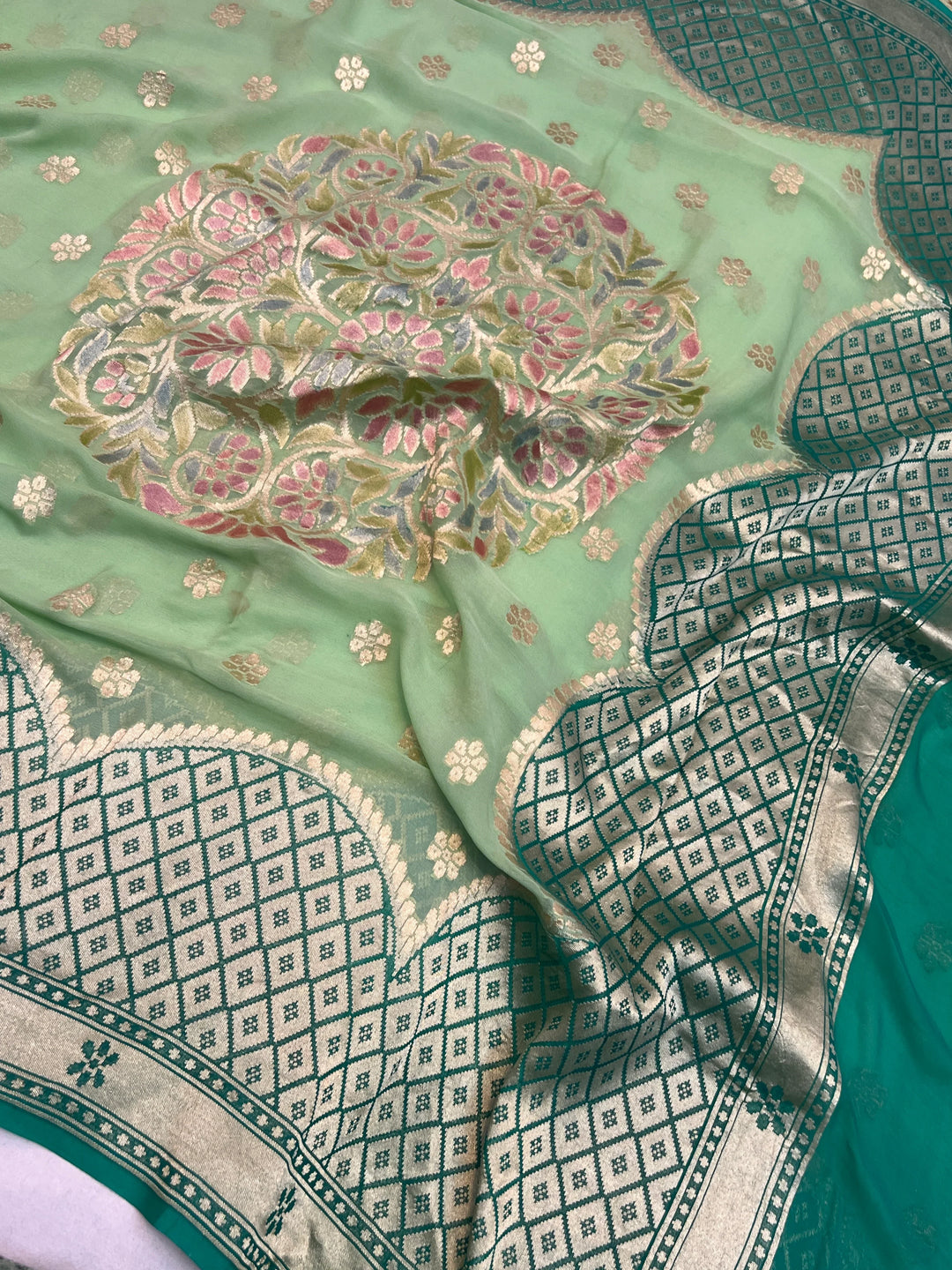  Pista Green Khaddi Georgette Banarasi Saree with Floral Butis