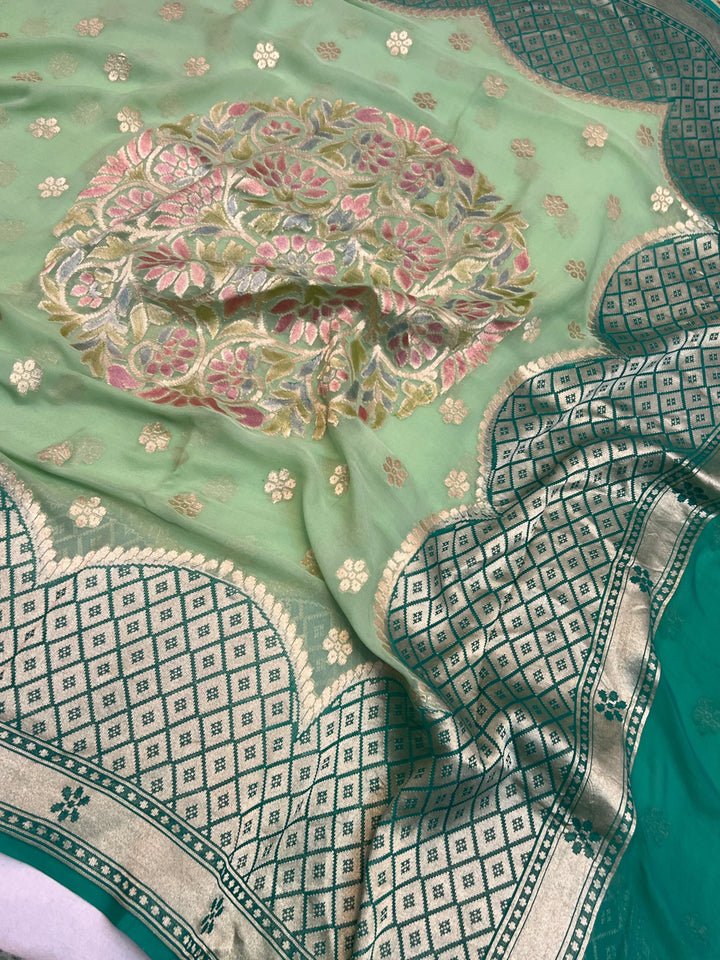 Pista Green Khaddi Georgette Banarasi Saree with Floral Butis