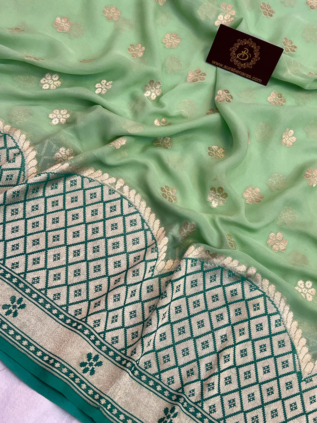  Pista Green Khaddi Georgette Banarasi Saree with Floral Butis