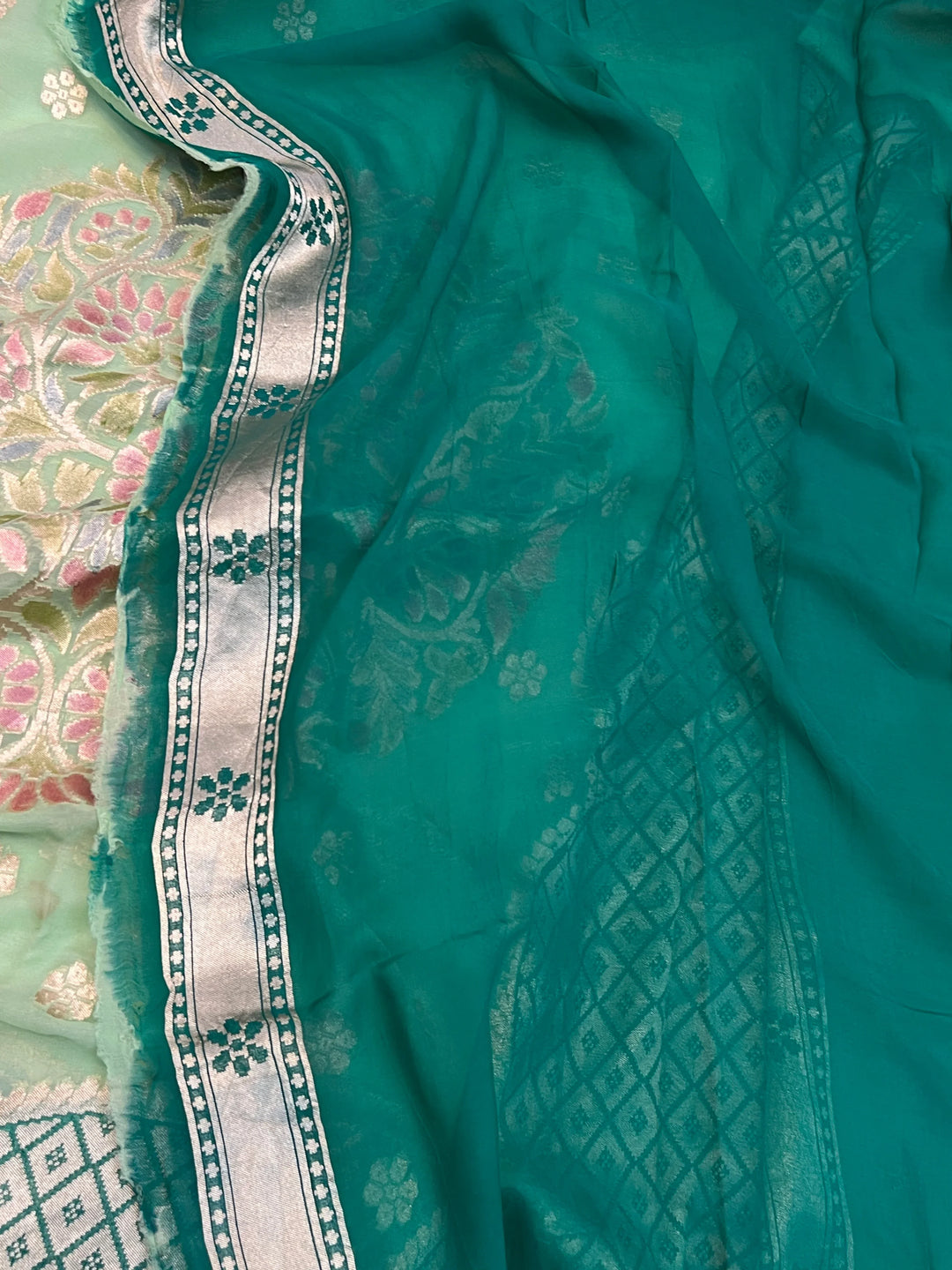 Pista Green Khaddi Georgette Banarasi Saree with Floral Butis