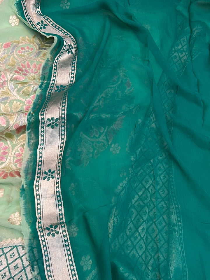  Pista Green Khaddi Georgette Banarasi Saree with Floral Butis