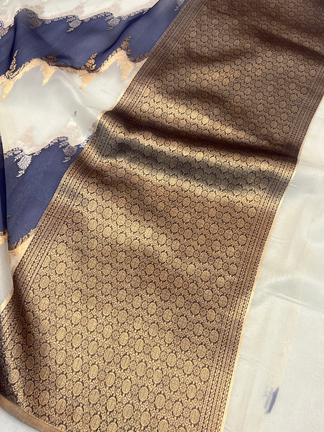 White Pure Kora Silk Handloom Banarasi Saree