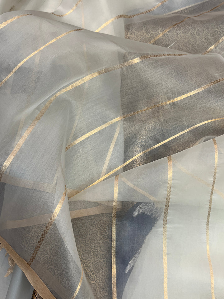 White Pure Kora Silk Handloom Banarasi Saree