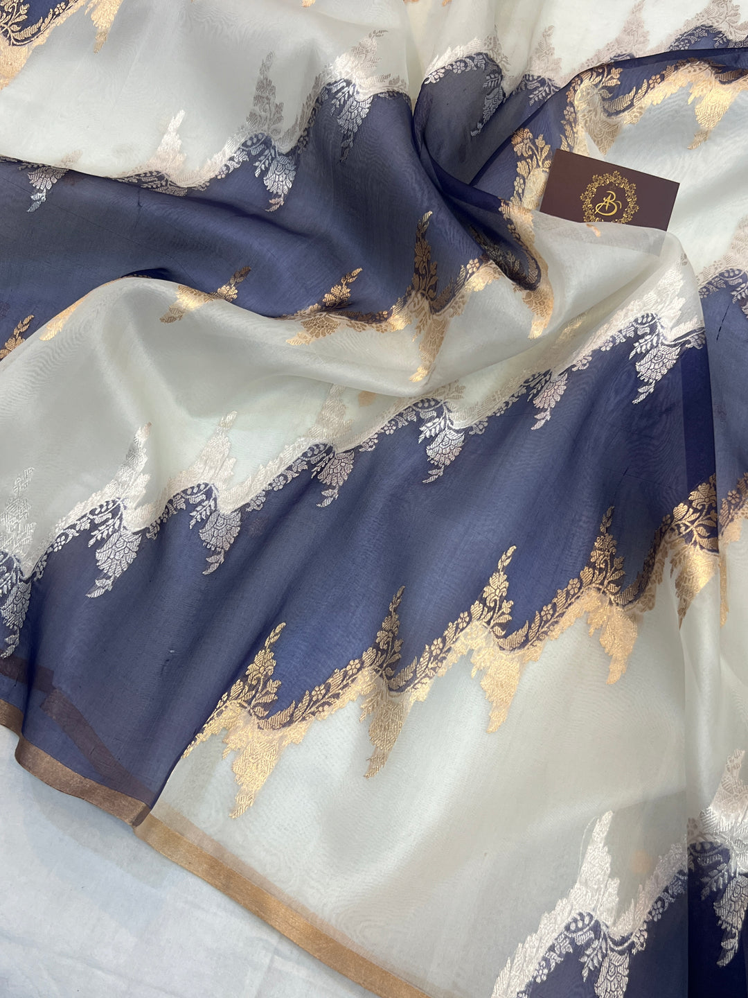 White Pure Kora Silk Handloom Banarasi Saree