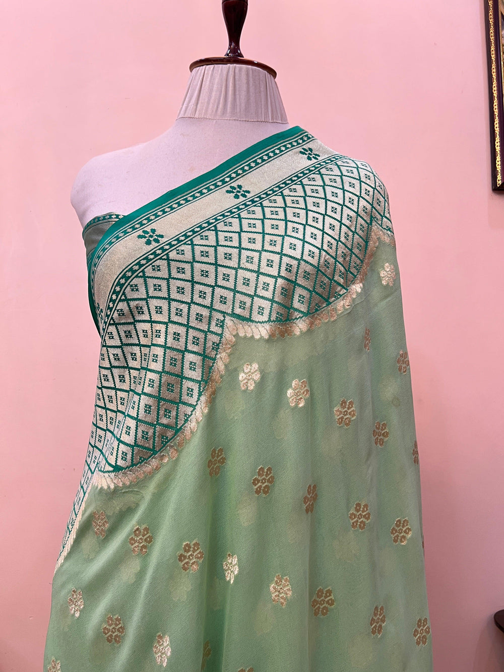  Pista Green Khaddi Georgette Banarasi Saree with Floral Butis