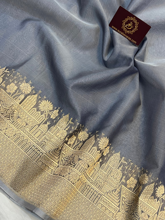 Grey Pure Banarasi Handloom Kora Silk Saree - Aura Benaras