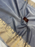 Grey Pure Banarasi Handloom Kora Silk Saree - Aura Benaras