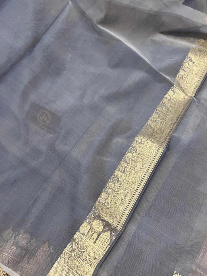 Grey Pure Banarasi Handloom Kora Silk Saree - Aura Benaras