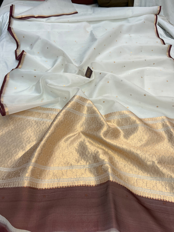 Off White Pure Kora Silk Handloom Banarasi Saree