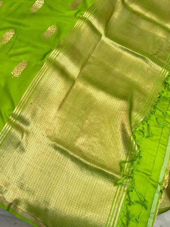 Parrot Green Pure Banarasi Handloom Mashru Silk Saree