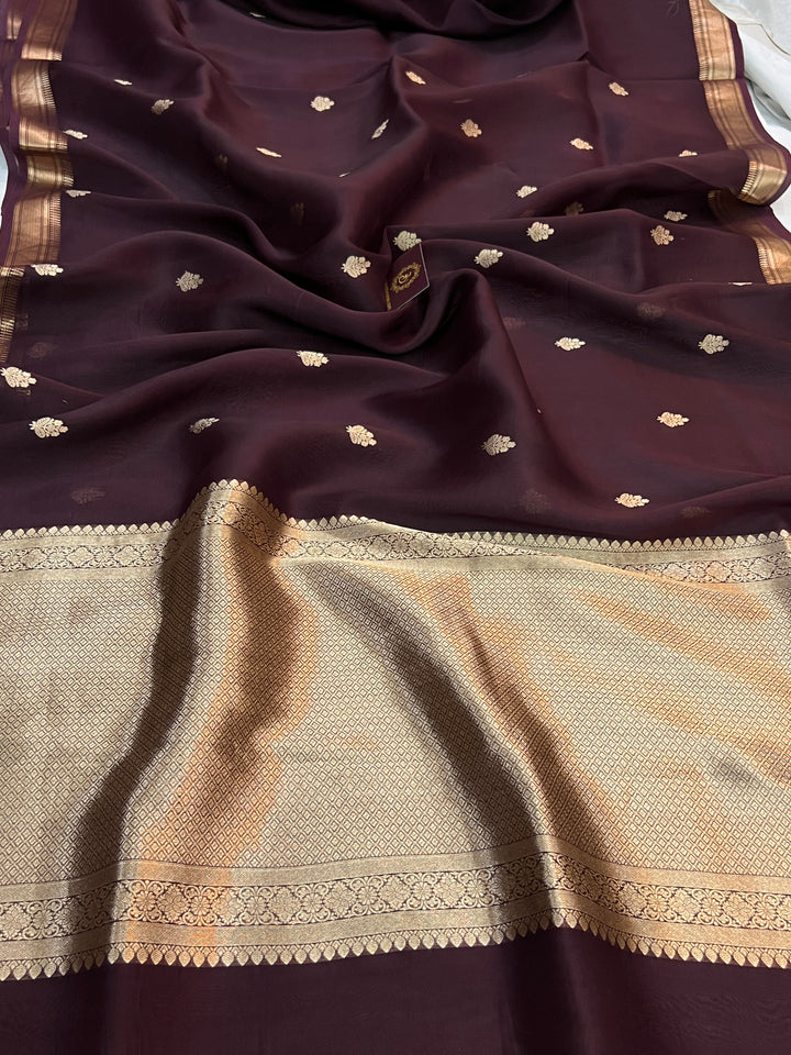 Brown Pure Kora Silk Handloom Banarasi Saree