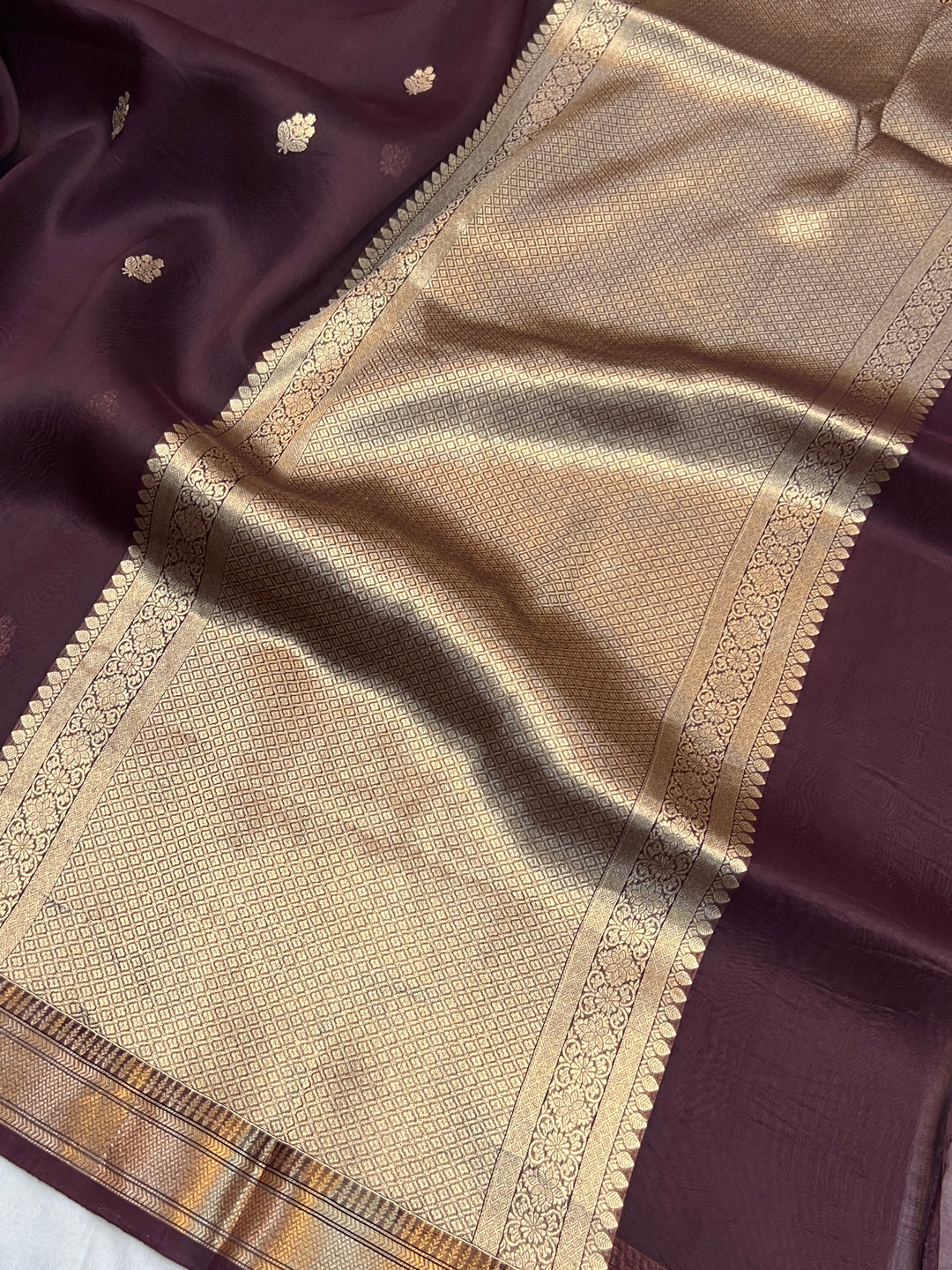 Brown Pure Kora Silk Handloom Banarasi Saree