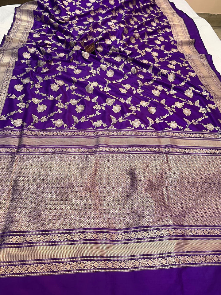 Pure Katan silk handloom Banarasi saree with Kadhwa jaal work and golden-silver zari floral design