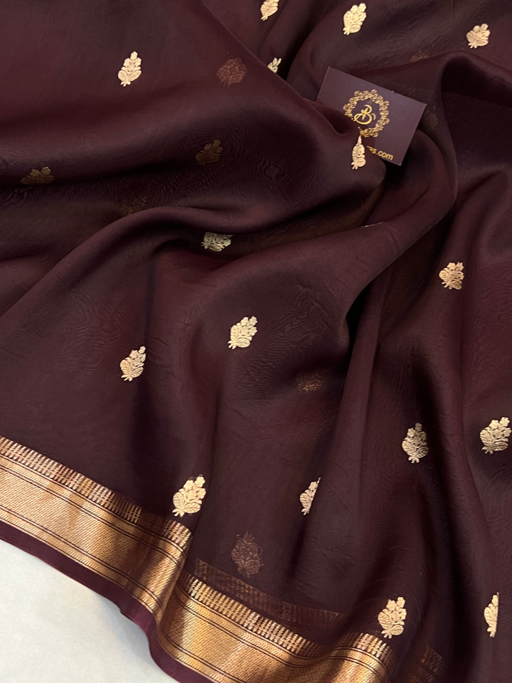 Brown Pure Kora Silk Handloom Banarasi Saree