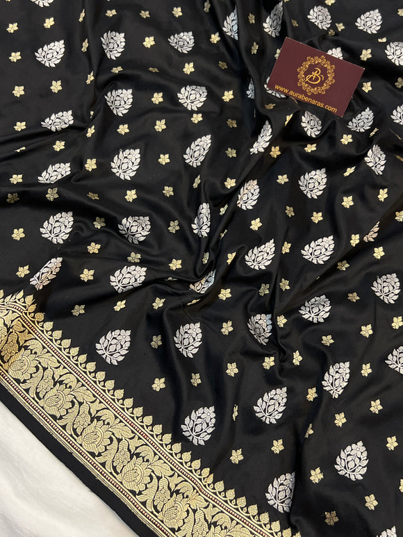 Black Pure Banarasi Handloom Katan Silk Saree - Aura Benaras