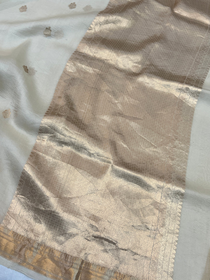 Cream Pure Kora Silk Handloom Banarasi Saree