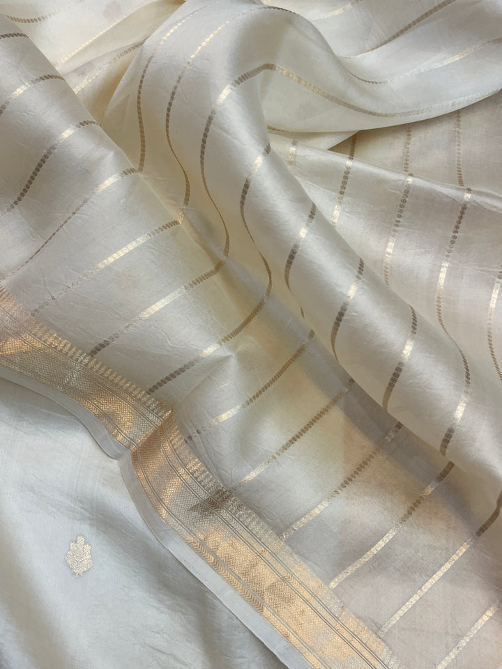 Cream Pure Kora Silk Handloom Banarasi Saree
