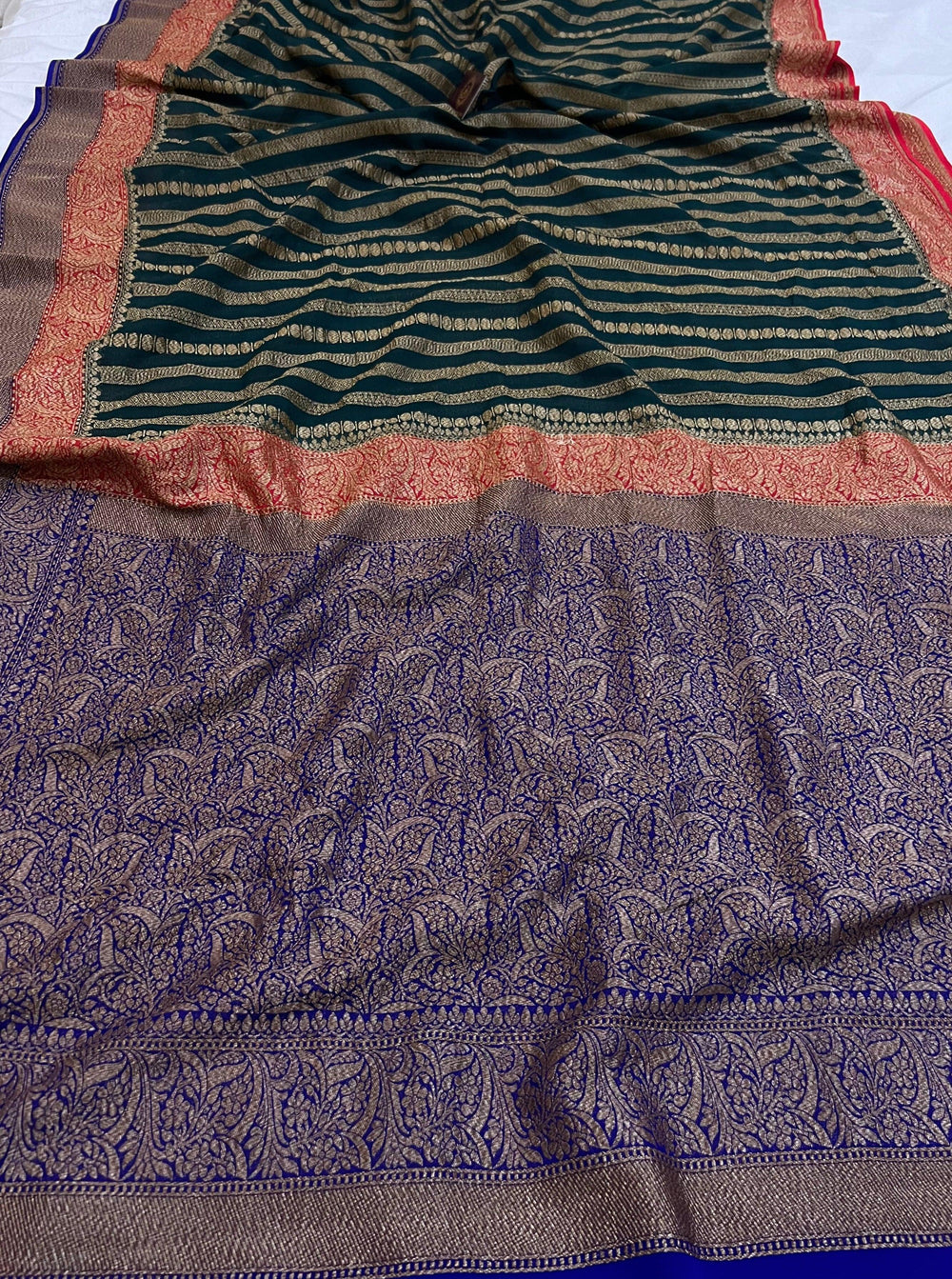 Bottle Green Pure Banarasi Khaddi Georgette Saree - Aura Benaras