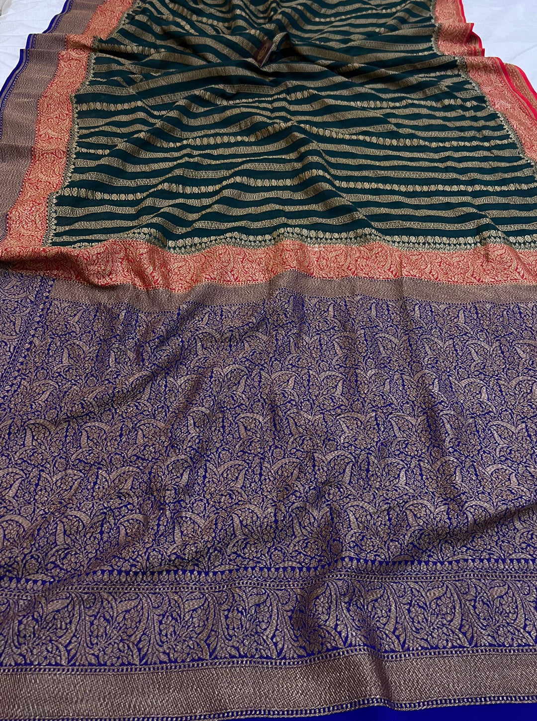 Bottle Green Pure Banarasi Khaddi Georgette Saree - Aura Benaras