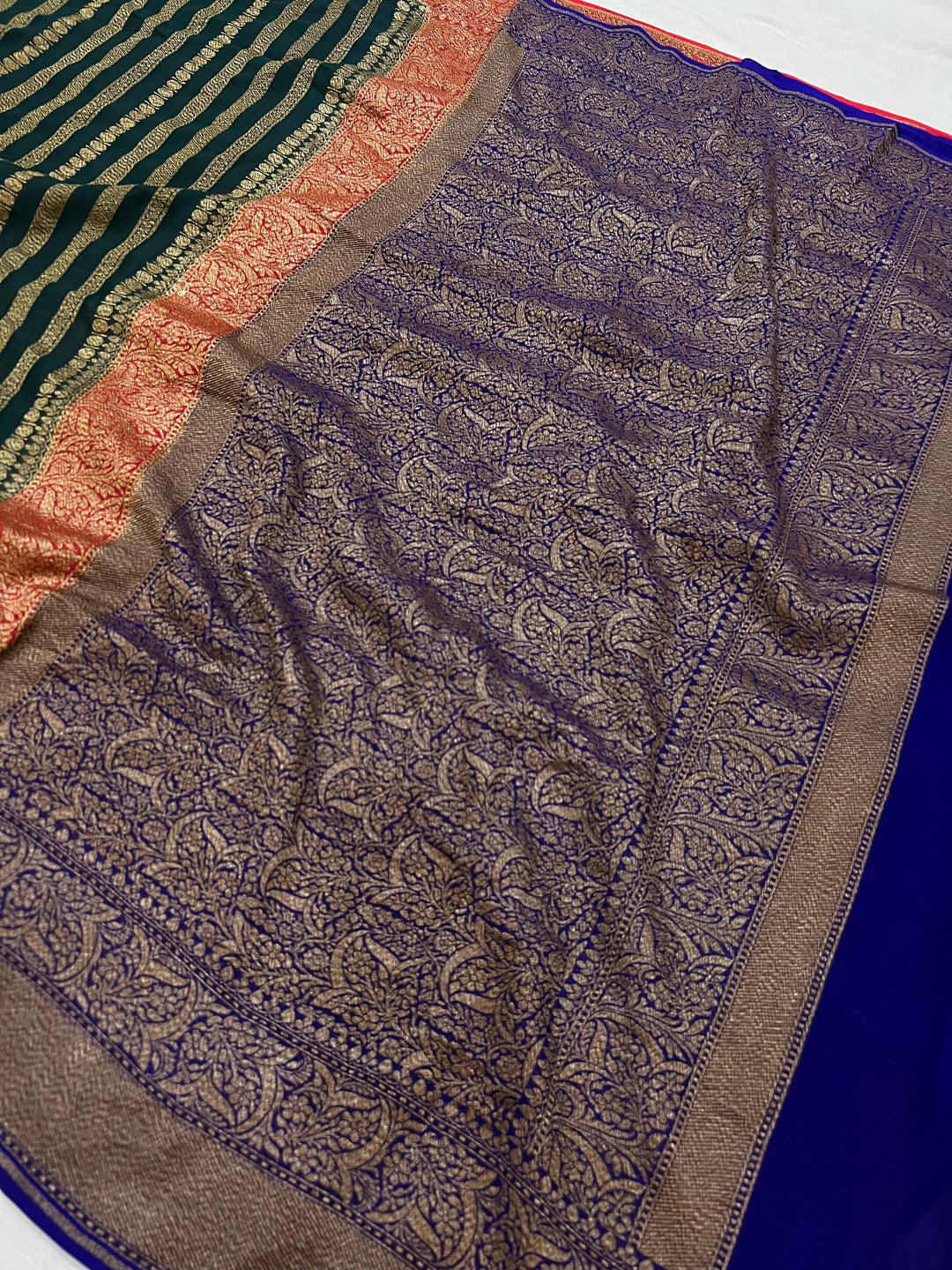 Bottle Green Pure Banarasi Khaddi Georgette Saree - Aura Benaras