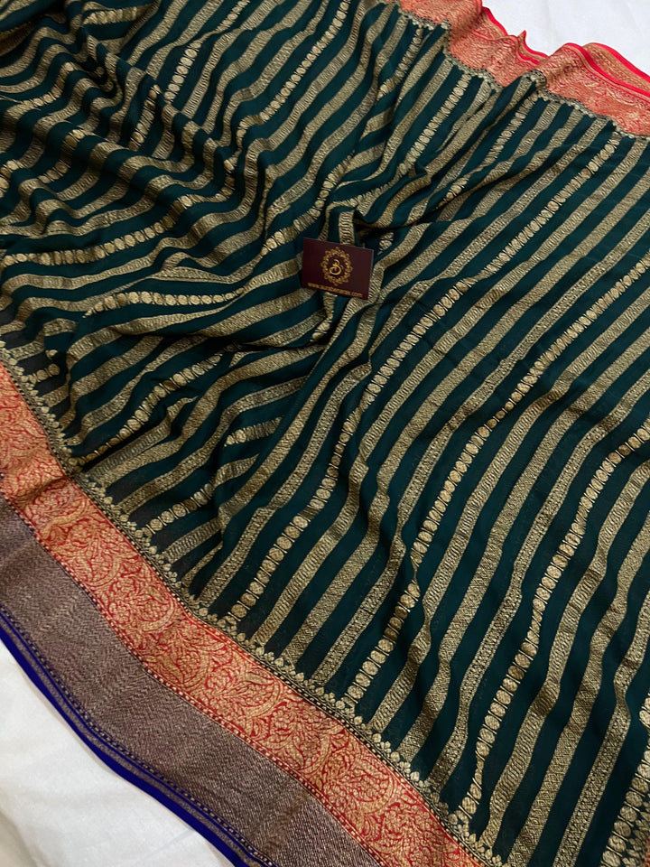 Bottle Green Pure Banarasi Khaddi Georgette Saree - Aura Benaras
