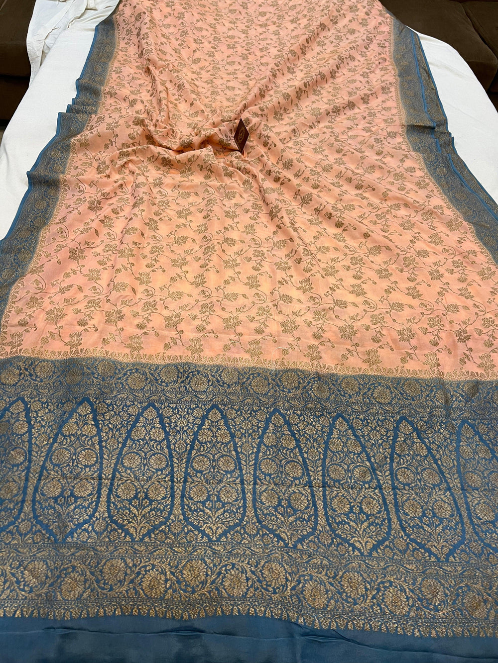 Peach Pure Banarasi Khaddi Crepe Silk Saree - Aura Benaras