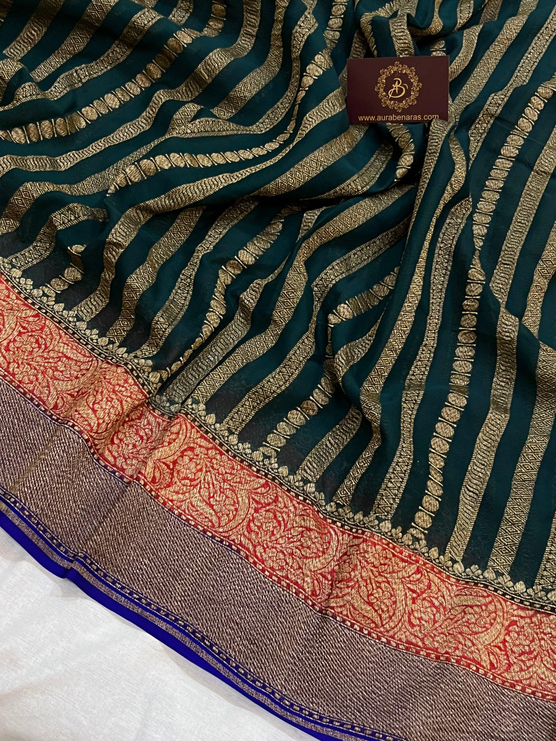 Bottle Green Pure Banarasi Khaddi Georgette Saree - Aura Benaras