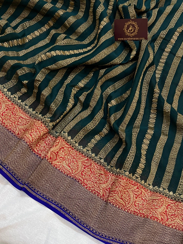Bottle Green Pure Banarasi Khaddi Georgette Saree - Aura Benaras