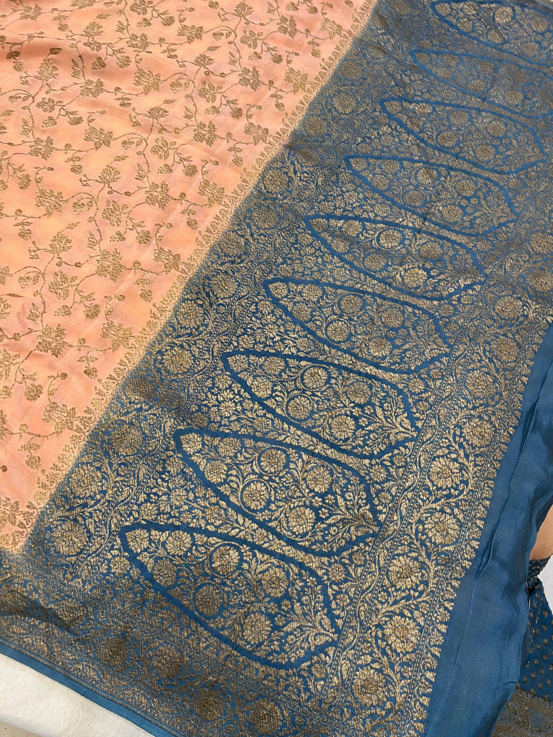 Peach Pure Banarasi Khaddi Crepe Silk Saree - Aura Benaras