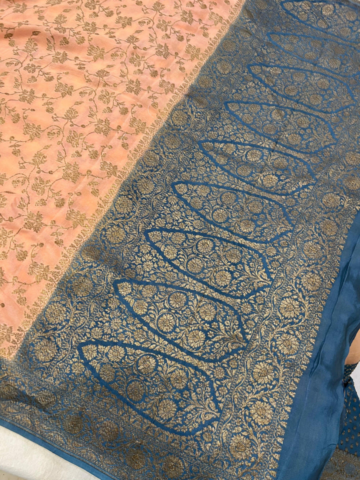 Peach Pure Banarasi Khaddi Crepe Silk Saree - Aura Benaras