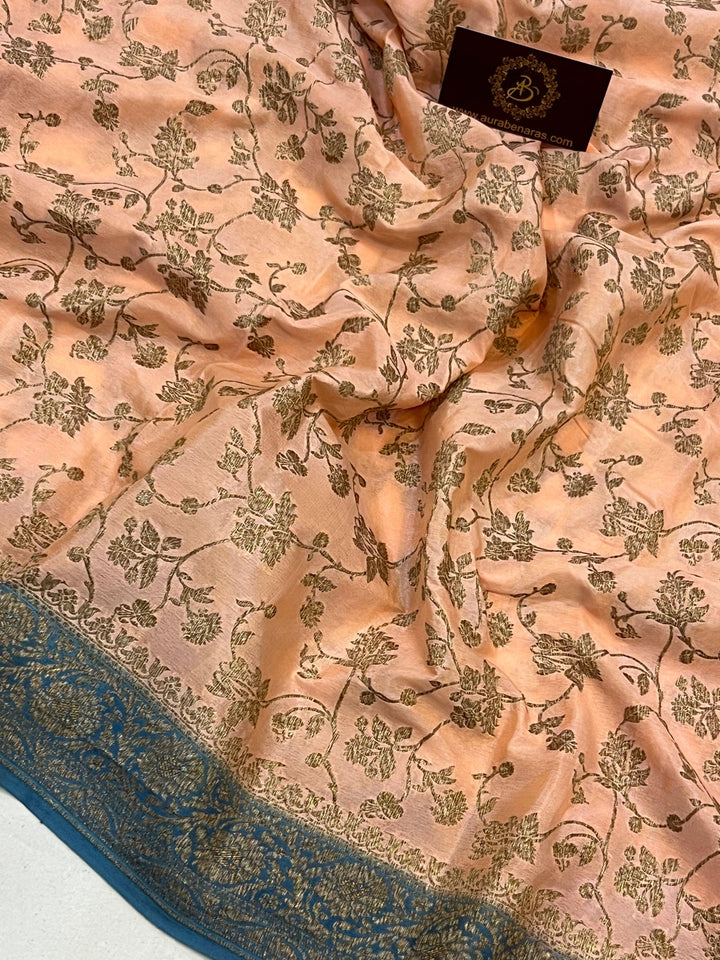 Peach Pure Banarasi Khaddi Crepe Silk Saree - Aura Benaras
