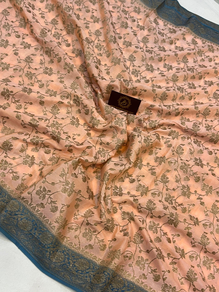 Peach Pure Banarasi Khaddi Crepe Silk Saree - Aura Benaras
