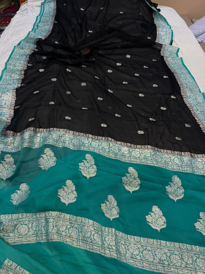 Black Banarasi Khaddi Chiffon Georgette Saree - Aura Benaras