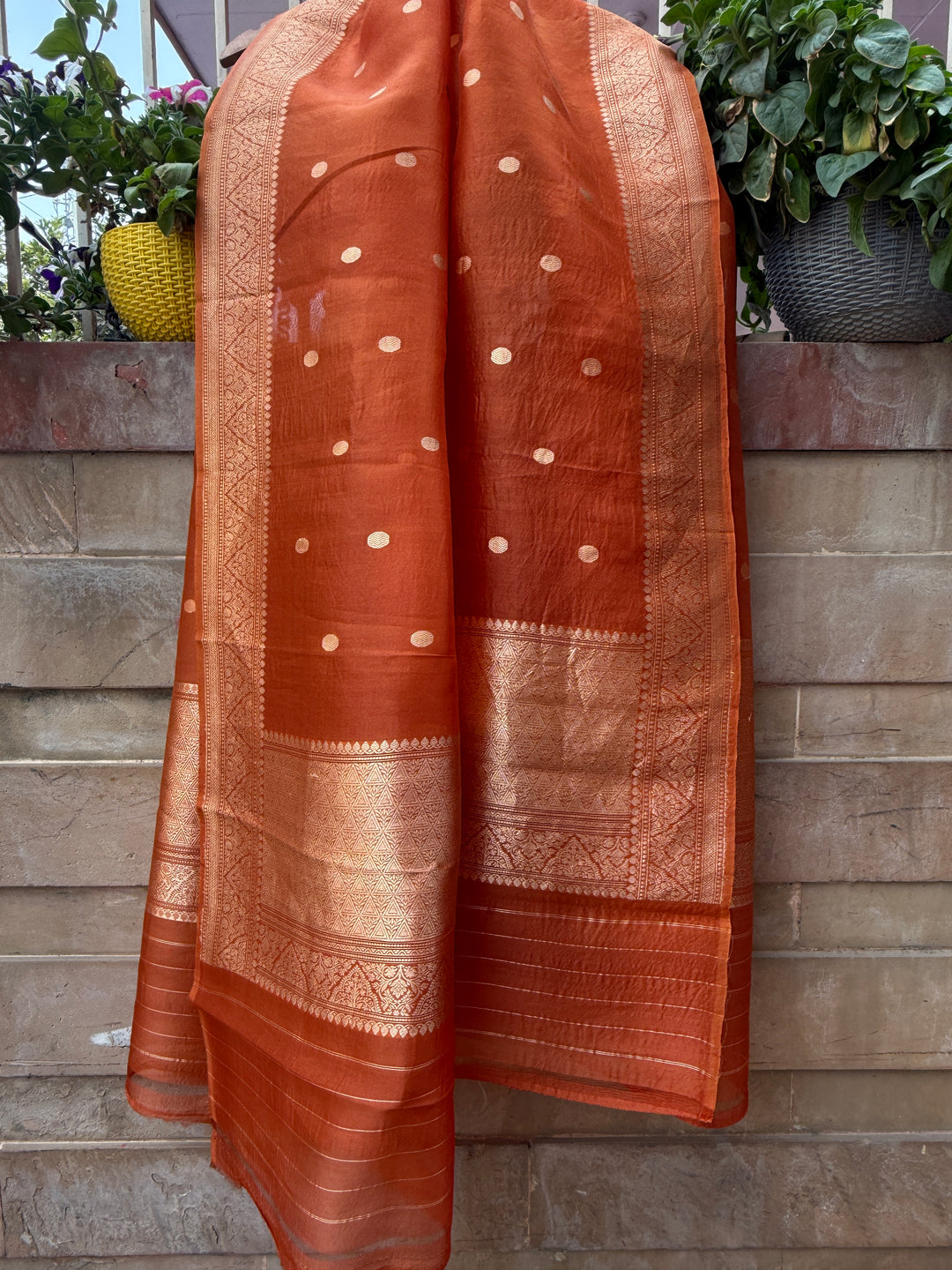 Rust Orange Kora Silk Banarasi Dupatta with Kadhwa Zari Work