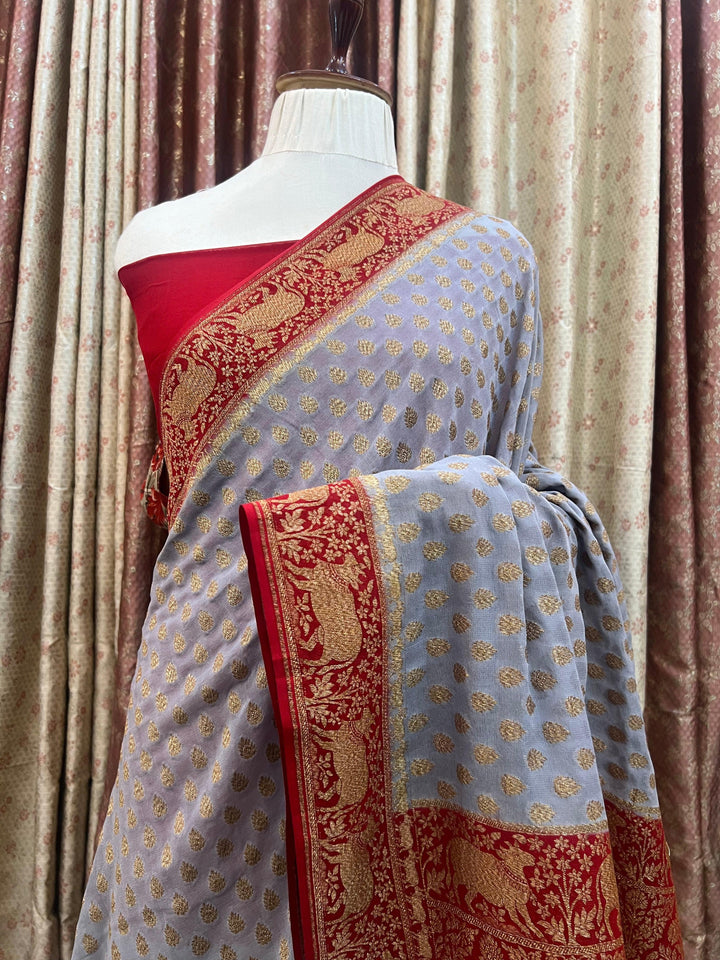 Grey Banarasi Handloom Pure Khaddi Georgette Saree - Aura Benaras