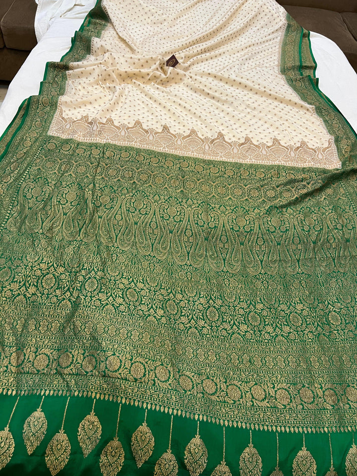 Cream Pure Banarasi Khaddi Crepe Silk Saree - Aura Benaras