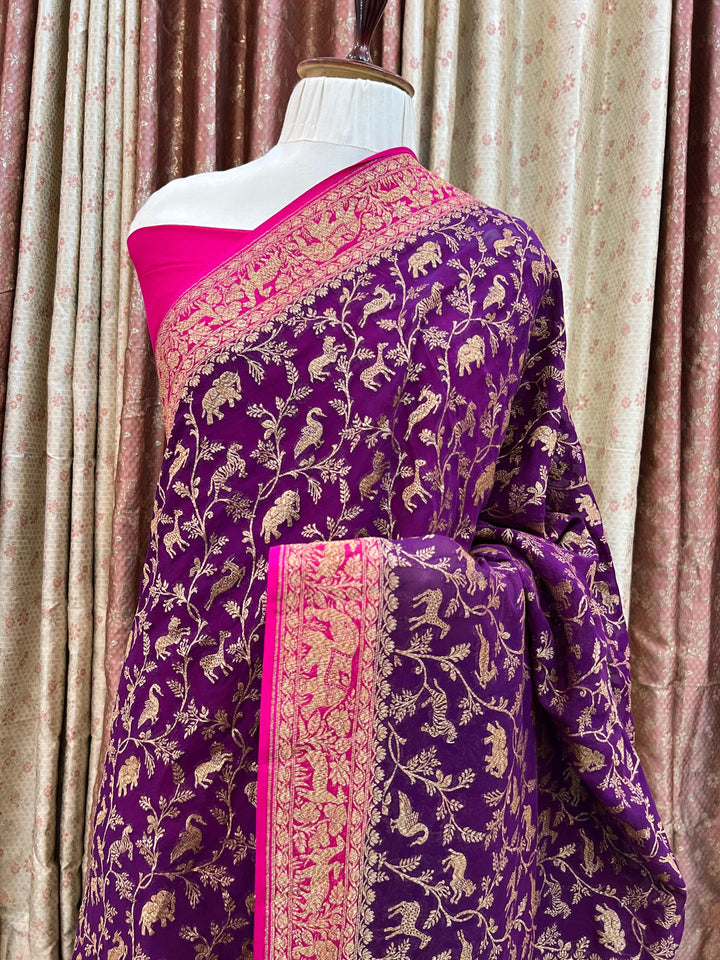 Purple Banarasi Khaddi Georgette Saree - Aura Benaras
