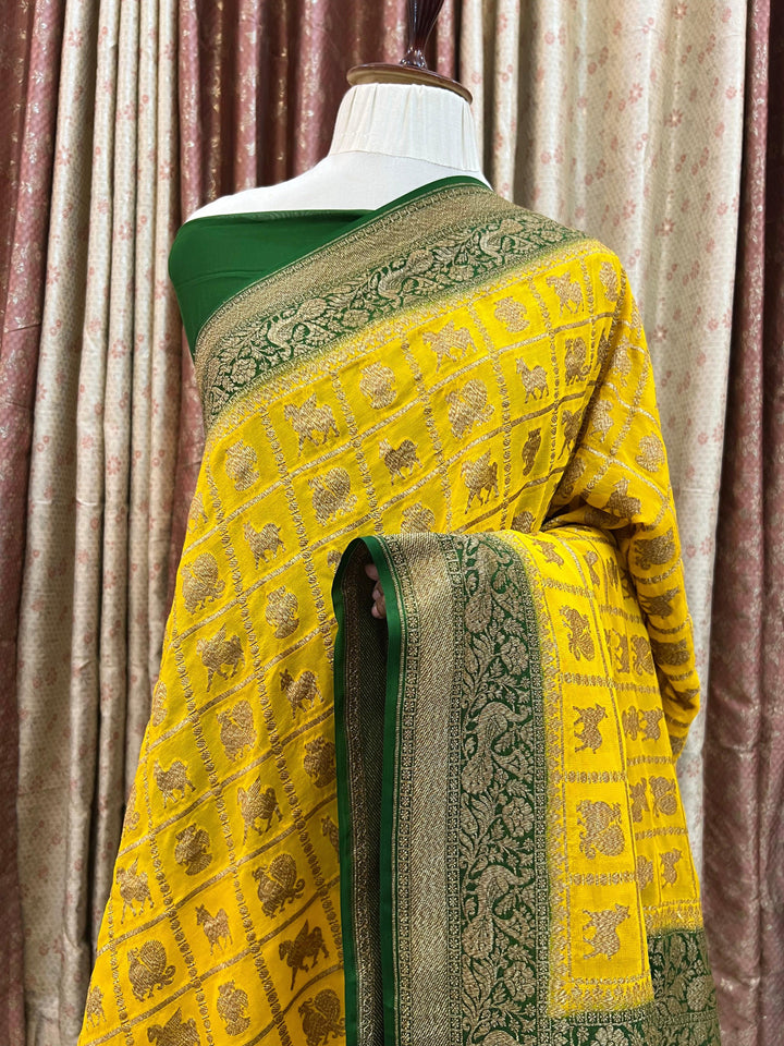 Yellow Banarasi Handloom Pure Khaddi Georgette Silk Saree - Aura Benaras