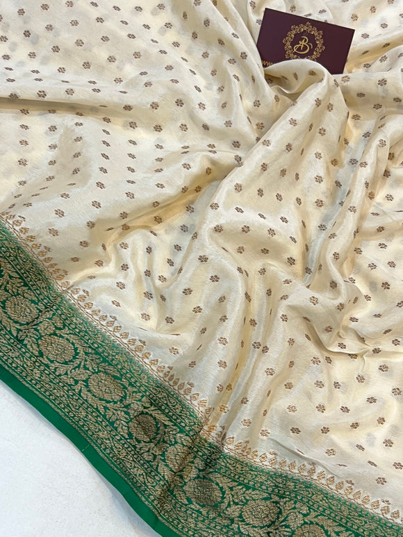 Cream Pure Banarasi Khaddi Crepe Silk Saree - Aura Benaras