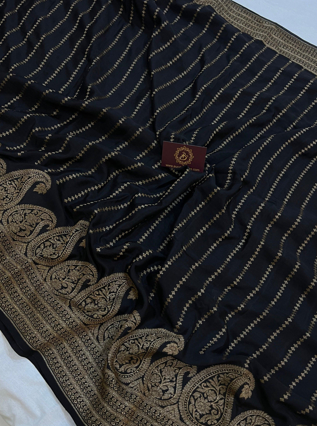 Black Pure Banarasi Khaddi Crepe Silk Saree - Aura Benaras