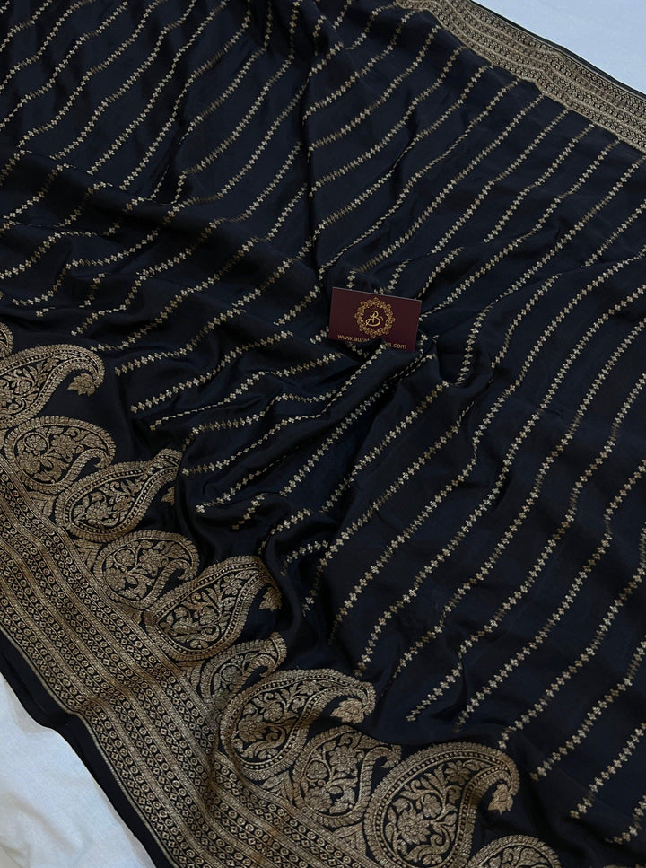 Black Pure Banarasi Khaddi Crepe Silk Saree - Aura Benaras