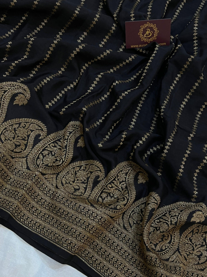 Black Pure Banarasi Khaddi Crepe Silk Saree - Aura Benaras