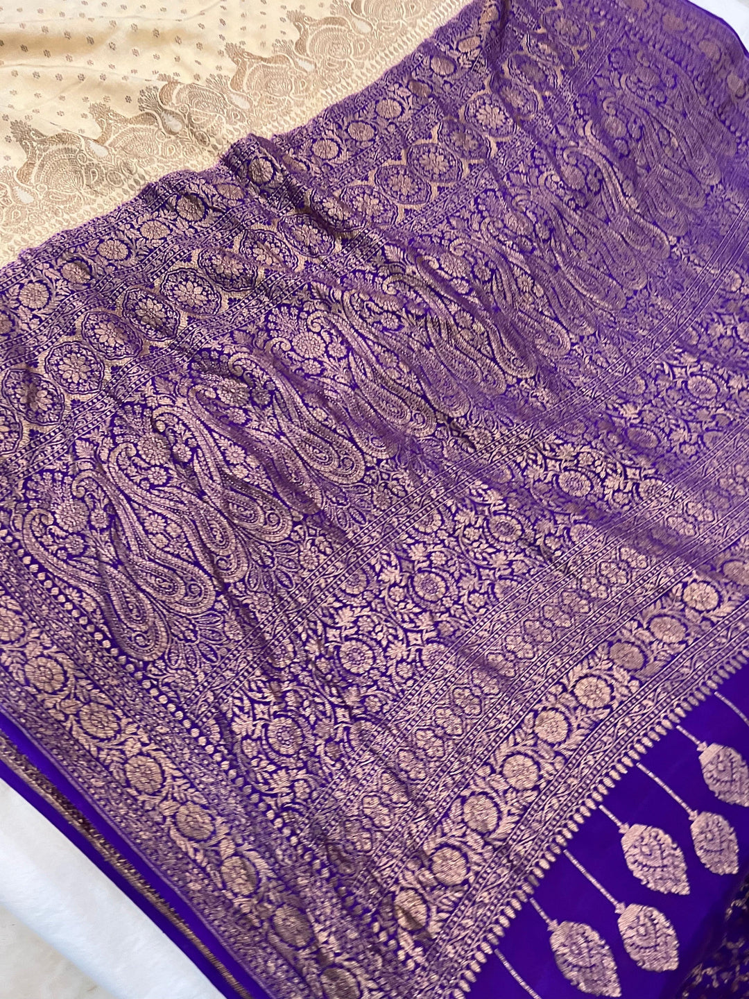 Beige Pure Banarasi Khaddi Crepe Silk Saree - Aura Benaras