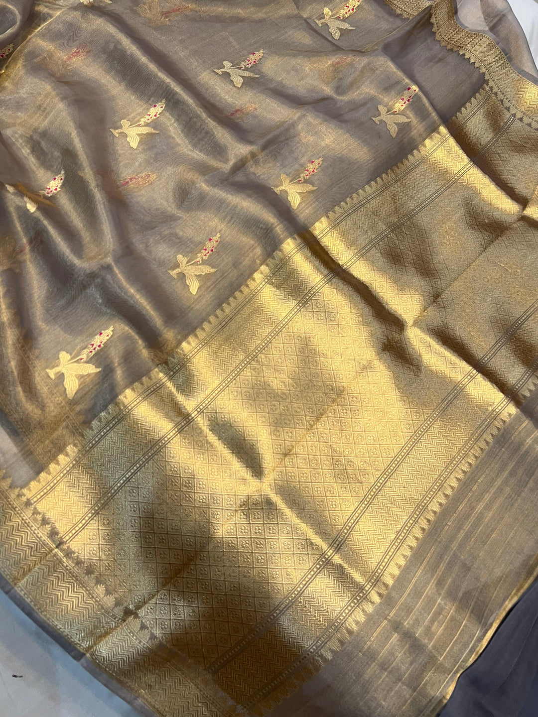 Bluish Golden Pure Banarasi Handloom Silk Saree - Aura Benaras