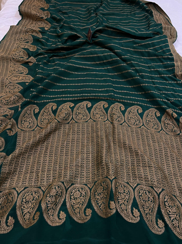 Bottle Green Pure Banarasi Khaddi Crepe Silk Saree - Aura Benaras