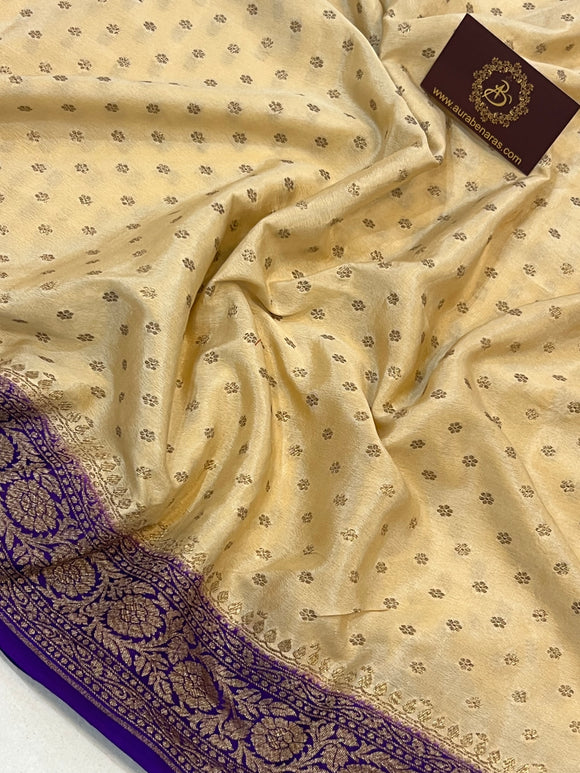 Beige Pure Banarasi Khaddi Crepe Silk Saree - Aura Benaras