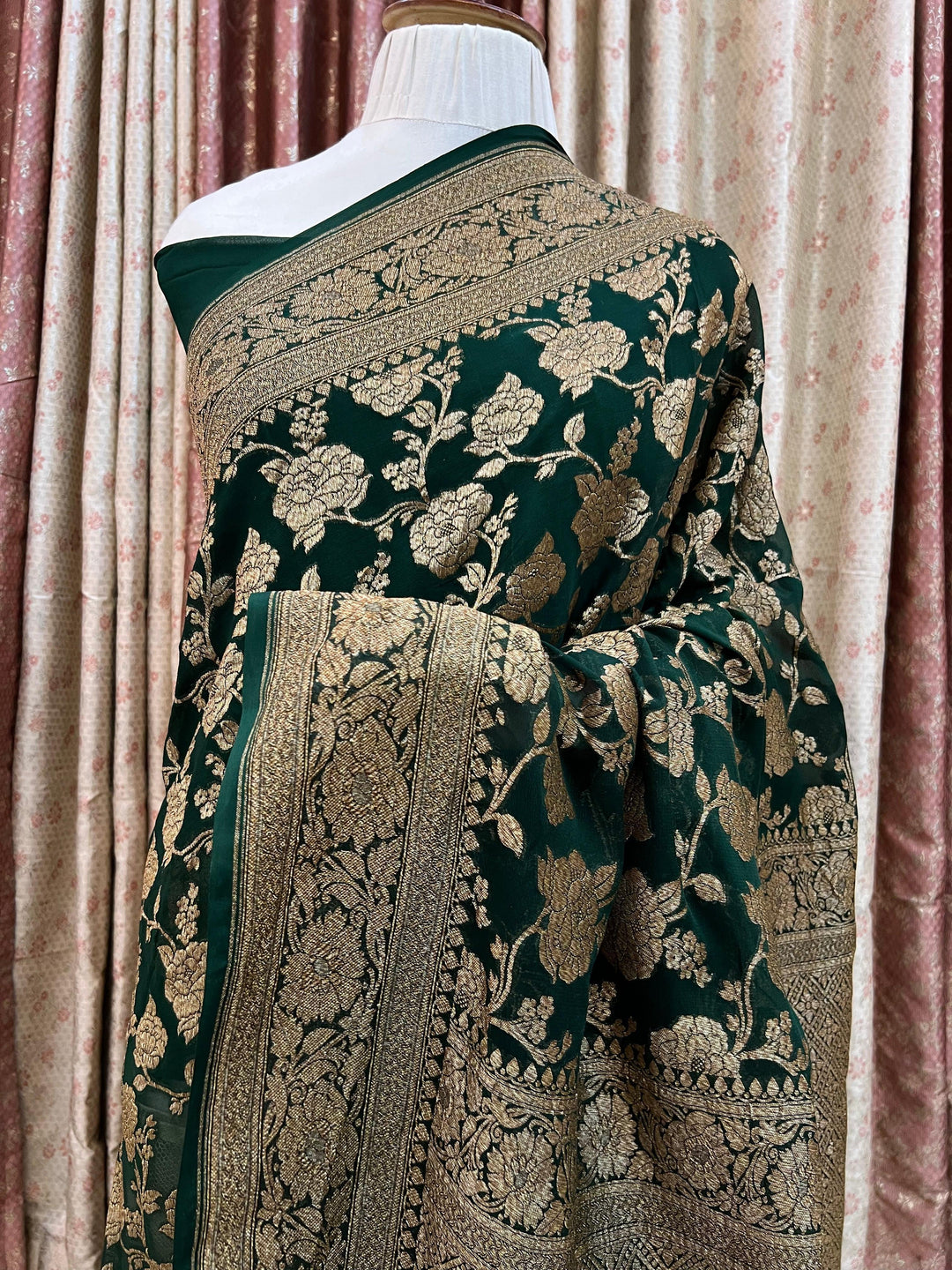 Bottle Green Pure Banarasi Khaddi Georgette Saree