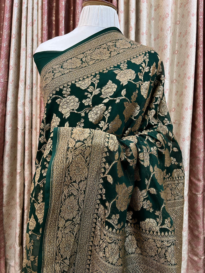 Bottle Green Pure Banarasi Khaddi Georgette Saree