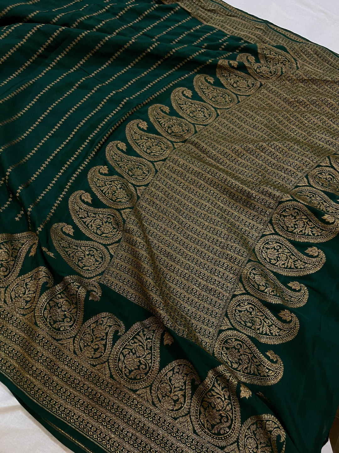 Bottle Green Pure Banarasi Khaddi Crepe Silk Saree - Aura Benaras