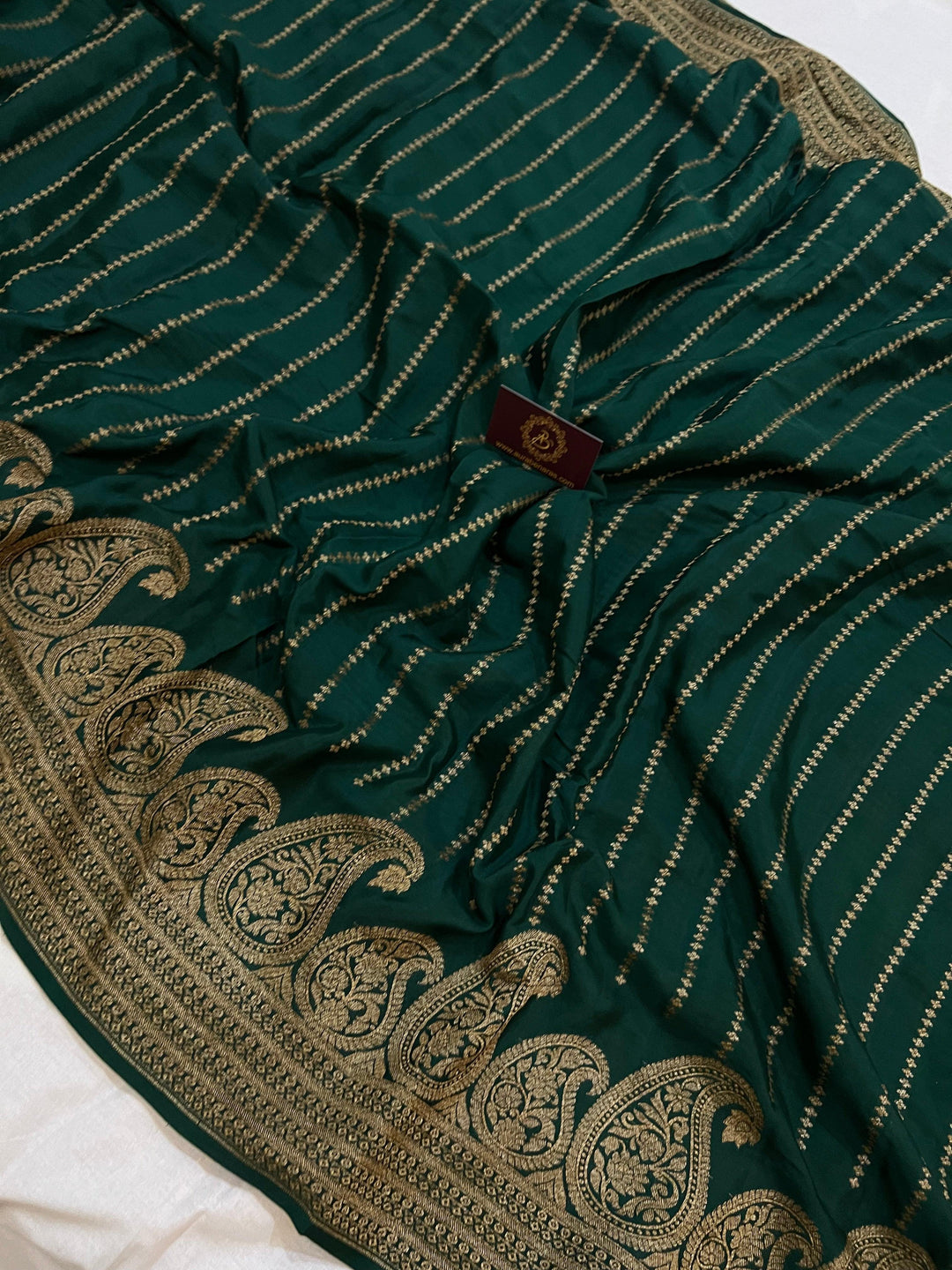 Bottle Green Pure Banarasi Khaddi Crepe Silk Saree - Aura Benaras